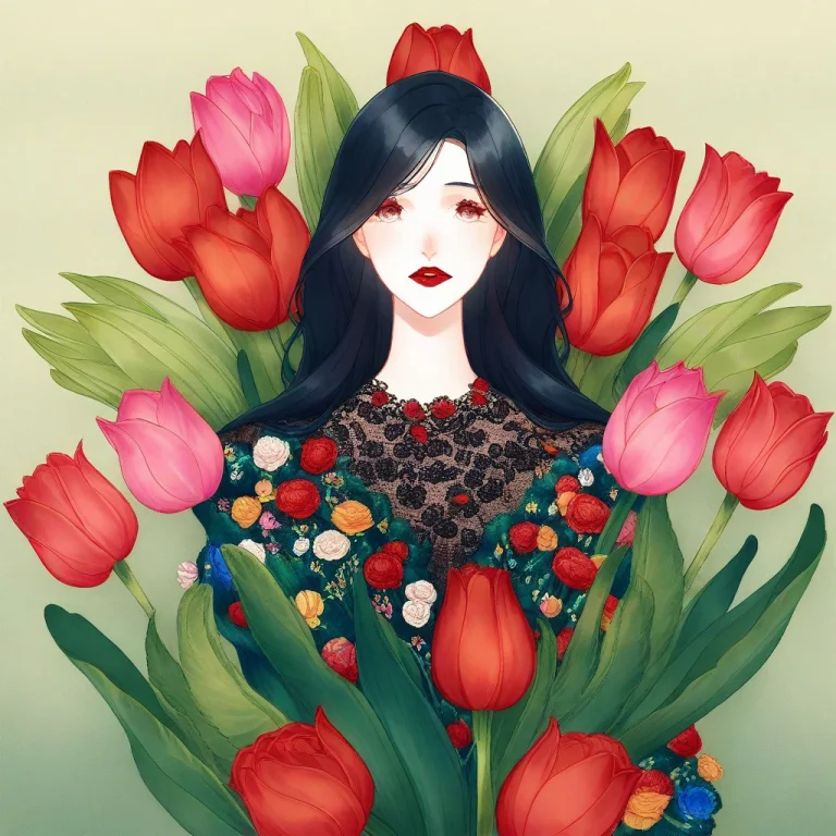 A Woman With Hazel Eyes, Red Lips, Floral Embroidery, Tulip...