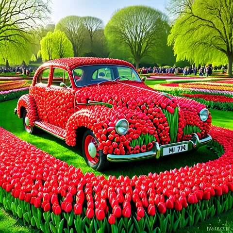 Jaynl-tm, Made Of Tulips, A Classic Vintage Car Shape Compos... — SDXL AI Prompt: jaynl-tm, made of tulips, a classic vintage car shape composed totally of red tu...