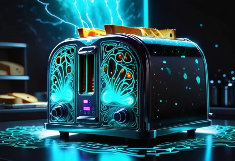Macro Studio Shot Of A Vintage Chrome Toaster On A Dark Kitc... — SDXL AI Prompt: macro studio shot of a vintage chrome toaster on a dark kitchen countertop, two...