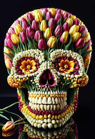 Jaynl-tm, Made Of Tulips, Skull, On Dark Reflective Surface,... — SDXL AI Prompt: jaynl-tm, made of tulips, skull, on dark reflective surface, detailed background...