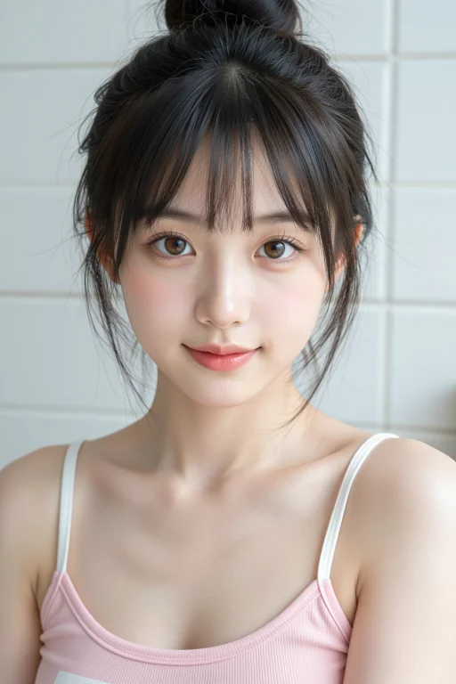 高清真实自拍人像,一位非常美丽的东亚女孩,黑色高丸子头,轻薄...