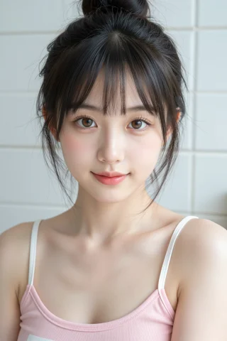 高清真实自拍人像，一位非常美丽的东亚女孩，黑色高丸子头，轻薄... — Stable Diffusion AI Prompt: 高清真实自拍人像，一位非常美丽的东亚女孩，黑色高丸子头，轻薄空气刘海，细碎发丝自...