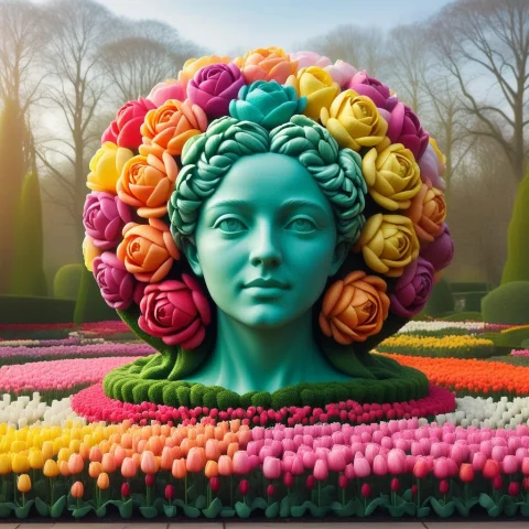 A Statue Of A Peacock Made From Tulips, Roses, And Carnation... — SDXL AI Prompt: a statue of a peacock made from tulips, roses, and carnations, Individual, disti...