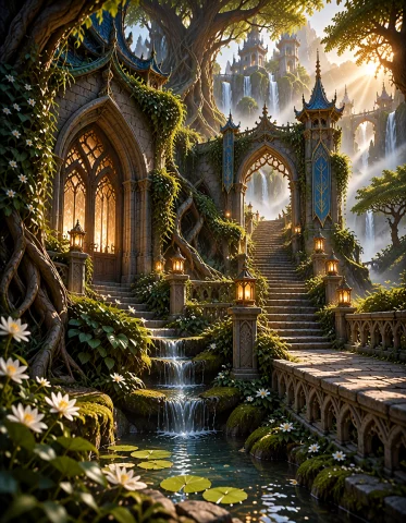 Loratraining2617621-202609231431459661 Z1os, A Vertical Fant... — Stable Diffusion AI Prompt: z1os, A vertical fantasy landscape viewed from a stone garden pathway. In the f...