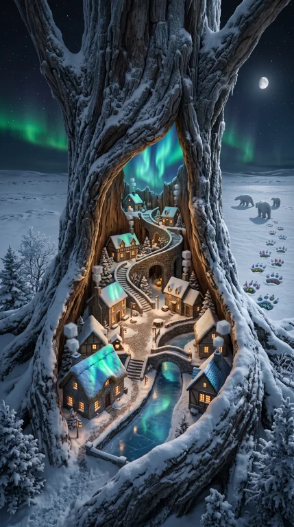 A Snow-covered Village Tucked Inside The Hollow Center Of A...