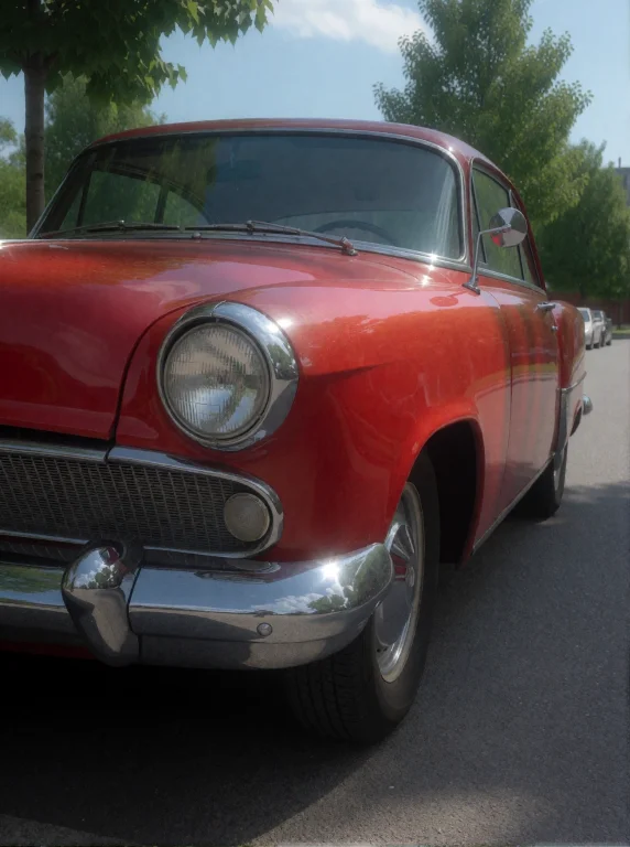 Amateur Photo Of A Vintage Red Car Parked On A Sunny Street....