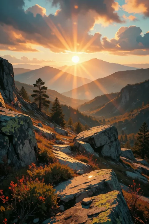 Nature, Stunning Photorealistic Mountain Summit View At Sunr...