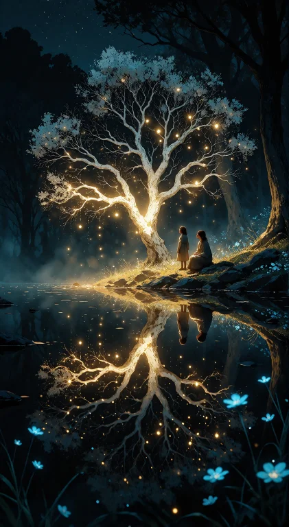 , A Leafless White Tree Standing In The Center Of A Mirror-s...