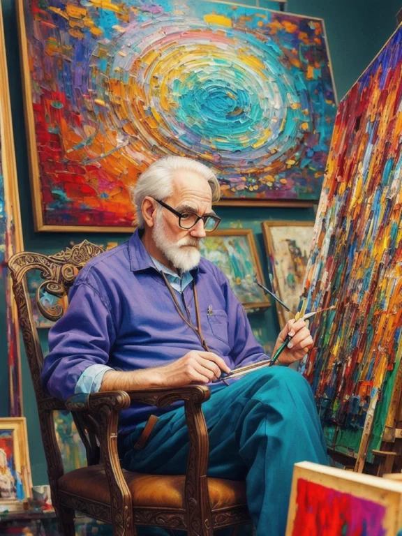 Oldman In Chair, Artist, Complex Stuff Around, Intricate In...