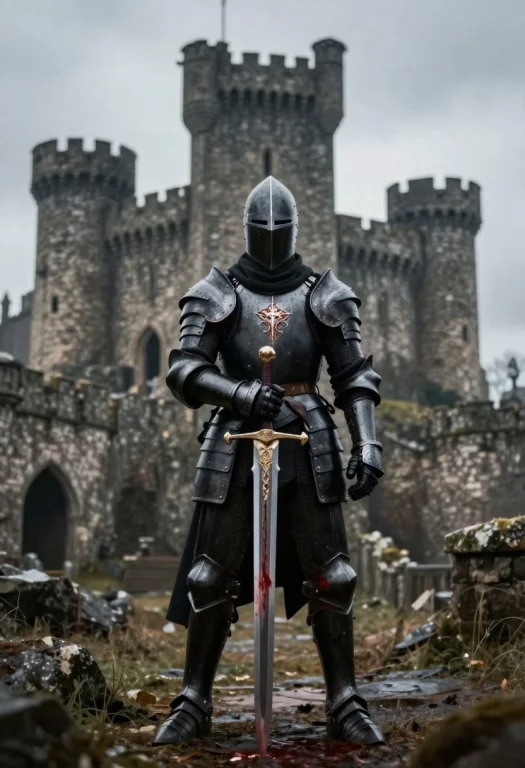 A Knight In Black Bright Armor , Holding A Exceptional Sword...