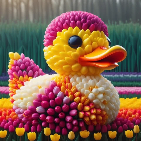 Jaynl-tm, Rubber Duck Made Of Tulips With Petals Of Vibrant... — SDXL AI Prompt: jaynl-tm, rubber duck made of tulips with petals of vibrant colours, background...