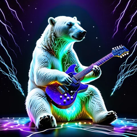 A Polar Bear Playing A Glowing Electric Guitar, Soft Biolumi... — SDXL AI Prompt: a polar bear playing a glowing electric guitar, soft bioluminescent glow radiati...