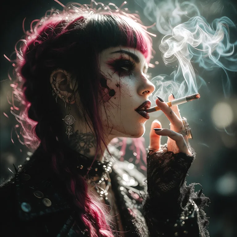 Portrait Of A Beautiful Goth Woman Smoking A Cigarette. Side...
