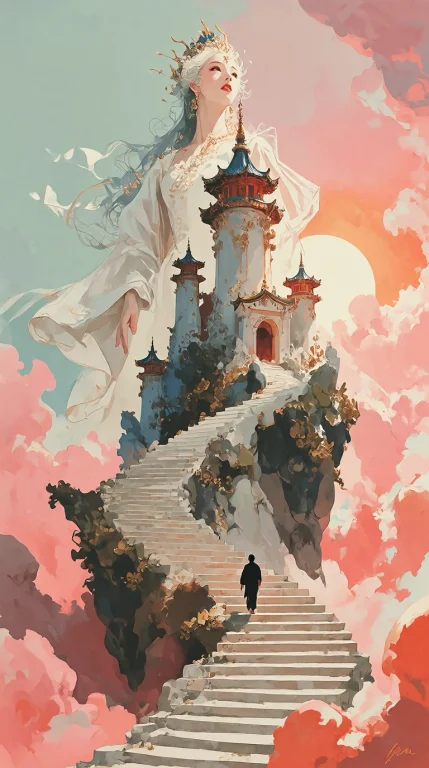 An Enormous Staircase Climbs Through Pink Clouds Toward A Pa...