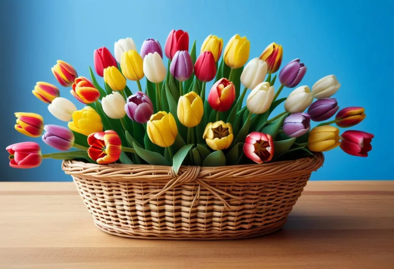 A Pile Of Tulips In The Big Basket In The Back Of Blue F0rd6...
