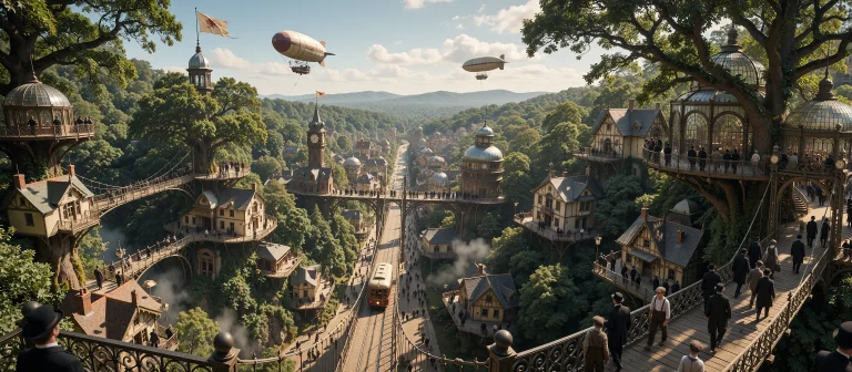 A High, Near-aerial Panorama Of A Victorian Steampunk Forest...
