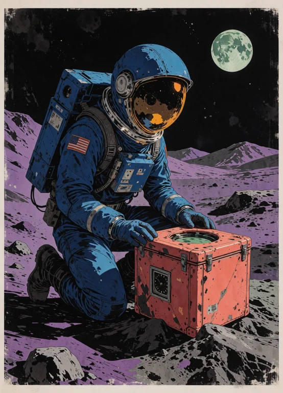 A Cobalt-suited Lunar Engineer Kneels Beside A Coral Instrum...