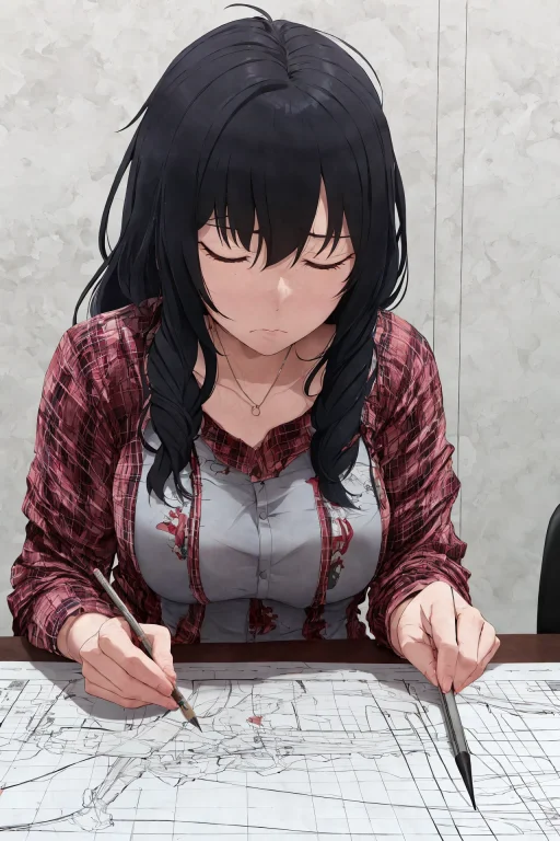 A Tired Woman Drawing A Keyframe For A New Anime, Detailed,...