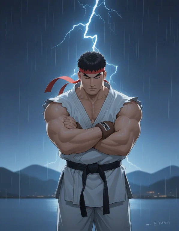 1boy, Standing, Ryu Street Fighter, White Dougi, Red Hachima...