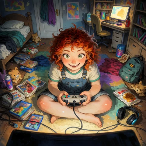 A Cheerful, Funny, Slightly Chubby Adult Red-haired Woman Si... — Stable Diffusion AI Prompt: A cheerful, funny, slightly chubby adult red-haired woman sitting cross-legged o...