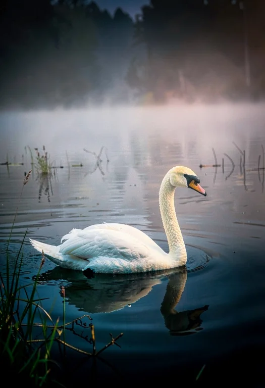 A Swan Gliding Through Mist On A Dark Lake, Cinematic Lighti...