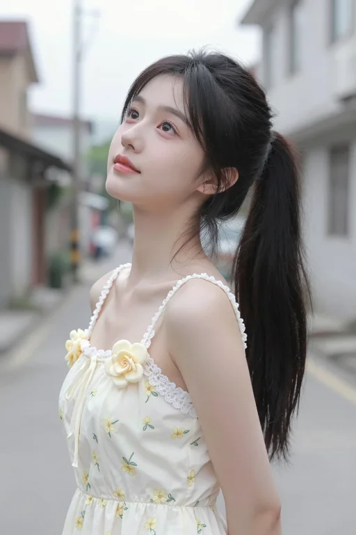 一个非常美丽的女孩竖版人像，1位年轻东亚少女，黑长直高马尾，...