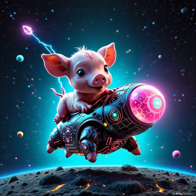 A Bioluminiscent Chibi Piglet Riding A Pink Glowing Asteroid...