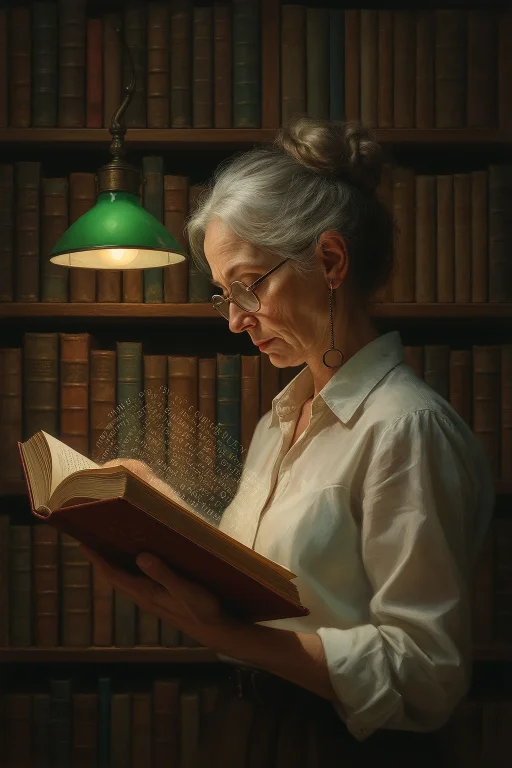 Magical Realism Library Portrait, Mid-body Of A 55-year-old...