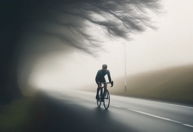 A Cyclist Coasting Down A Misty Coastal Road, Foggy Diffused...