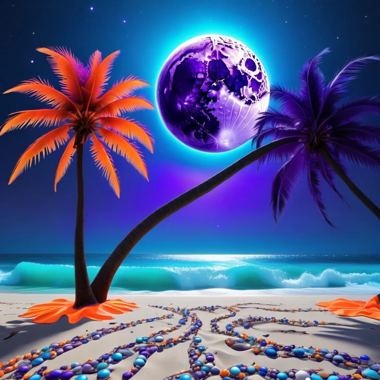 Beach, Cosmic Background, Purple Palm Tree, Orange Around Si...