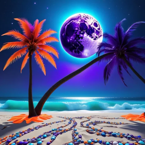 Beach, Cosmic Background, Purple Palm Tree, Orange Around Si... — SDXL AI Prompt: Beach, cosmic background, purple palm tree, orange around sign, puffy blue stars...