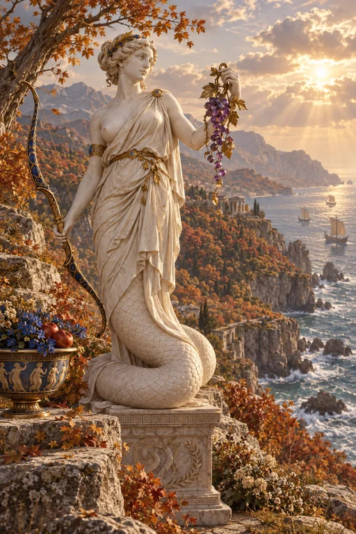 A Pale Marble Statue Of A Young Lamia Woman, She Has A Snake...