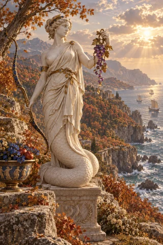 A Pale Marble Statue Of A Young Lamia Woman, She Has A Snake... — Stable Diffusion AI Prompt: a pale marble statue of a young lamia woman, she has a snake tail instead of her...