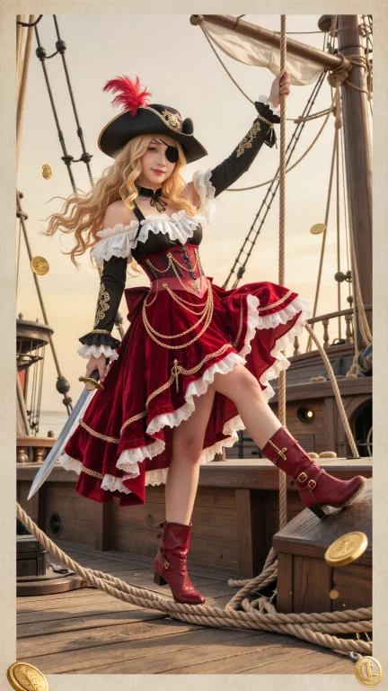一位穿着华丽海盗服饰的年轻女子，金色长卷发披散在肩后，头戴宽...