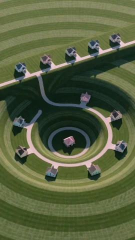 Dcl1m1nal. High Oblique Aerial View Of An Impossible Suburba... — Stable Diffusion AI Prompt: DCL1M1NAL. High oblique aerial view of an impossible suburban landscape carved i...