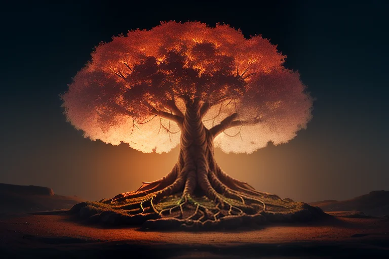 An Ancient Tree Of Life With Luminous Roots, Warm Ambient Gl...