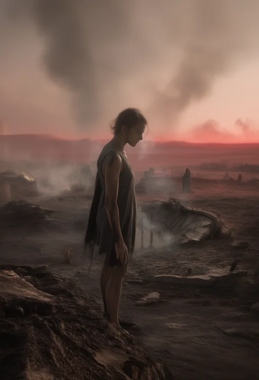 Woman Stands At The Edge Of The Ruin, Shoulders Heavy, Eyes...
