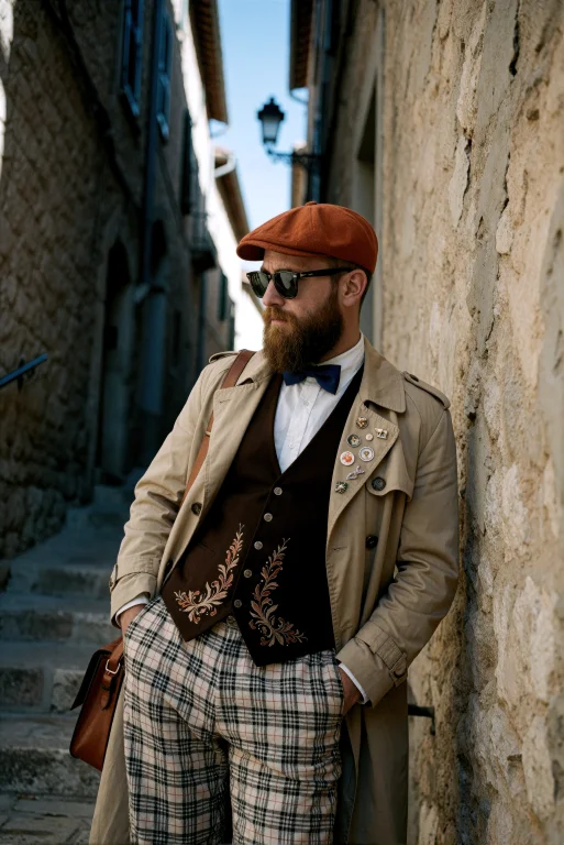 A Bearded Man With Sunglasses And A Rust-orange Flat Cap Sta...