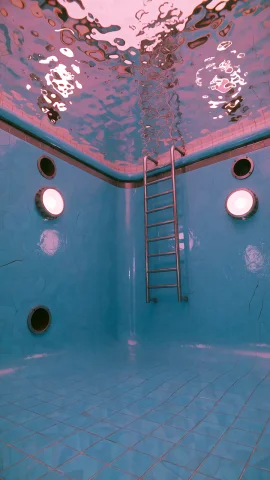 Dcl1m1nal. Medium-long Shot, Low Angle, Looking Up Inside An... — Stable Diffusion AI Prompt: DCL1M1NAL. Medium-long shot, low angle, looking up inside an empty indoor swimmi...