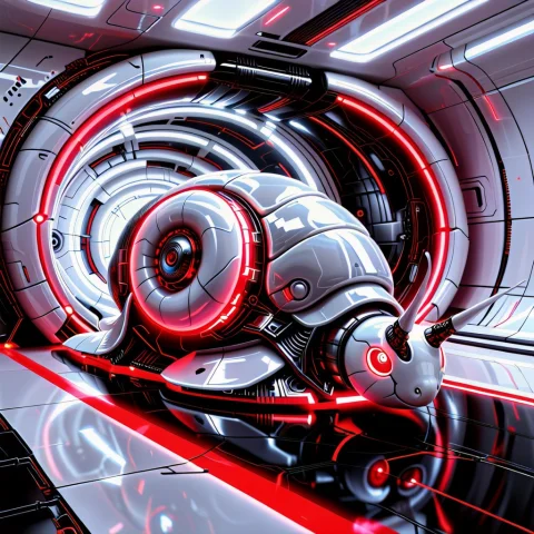 Whiteember, Gigantic Futuristic Cybernetic Snail Completely... — SDXL AI Prompt: WHITEEMBER, gigantic futuristic cybernetic snail completely transformed into sle...