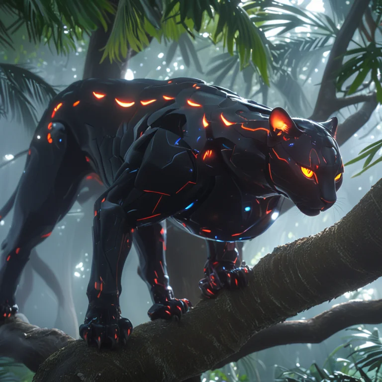 A Stealthy Panther, Animal Made Of Whiteember Tech, Glowing...