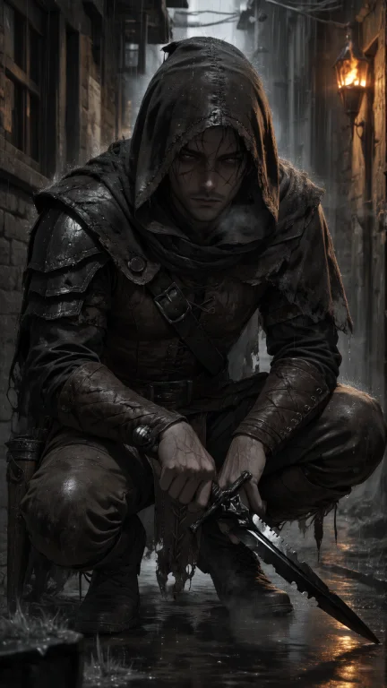 A Gritty, Close-up Portrait Of A Scarred Fantasy Rogue Crouc...