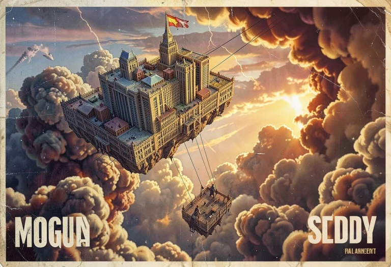A Floating City Tethered Above Toxic Clouds, Vintage Poster...