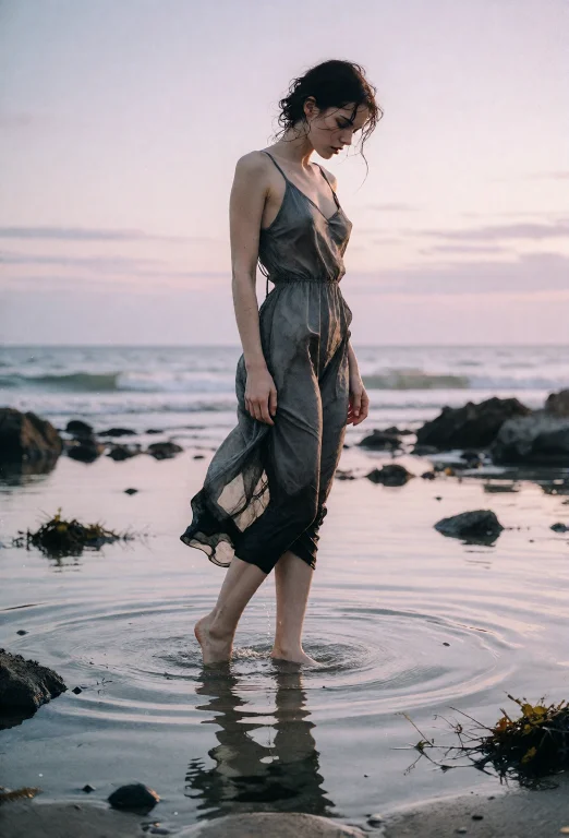 A Painterly, Atmospheric Wide Shot Of A Young, Beautiful Wom...