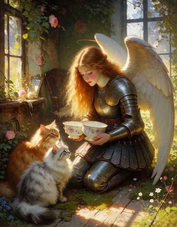 A Radiant Teen Angel Kneels Within The Sun-drenched Interior...