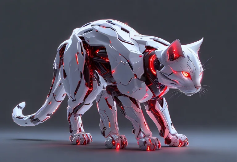 A Cat Morphed Into Glossy White Futuristic Technology, Sleek...