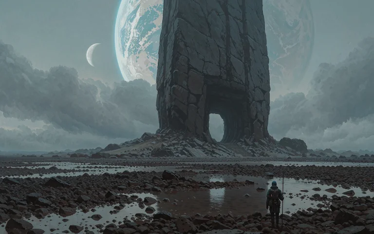 This Is A Sci-fi Landscape. The Image Is Dominated Rocky, Mo...