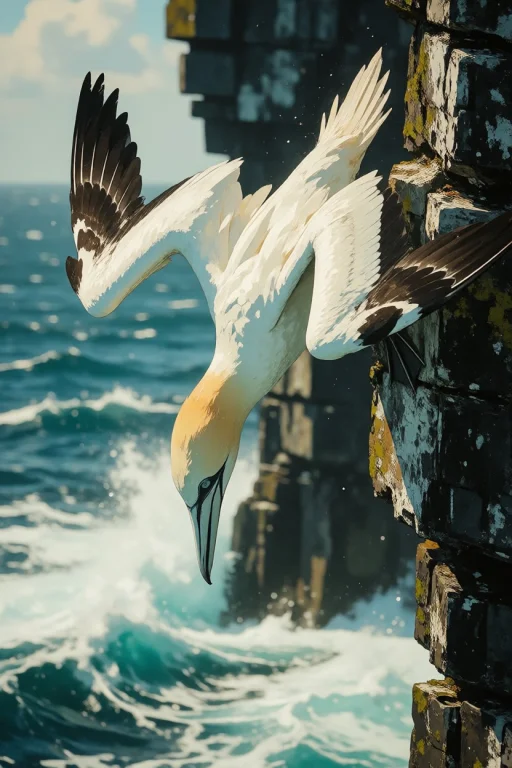Nature, A Northern Gannet Folding Into A Dive Off Skellig Mi...