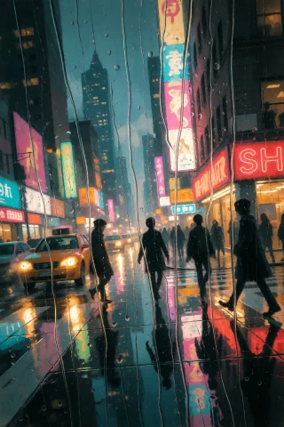 Strangedaal. A Nighttime Urban Scene Captured Through A Rain... — Stable Diffusion AI Prompt: StrangeDaal. A nighttime urban scene captured through a rain-speckled window, wh...