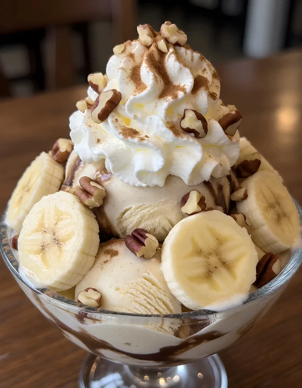 The Image Displays A Delectable Dessert, Likely A Banana Spl...
